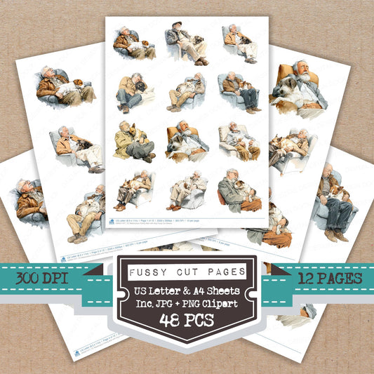 Watercolour Elderly Man with Dog fussy cut printable sheets for junk journaling, scrapbooking, and paper craft projects