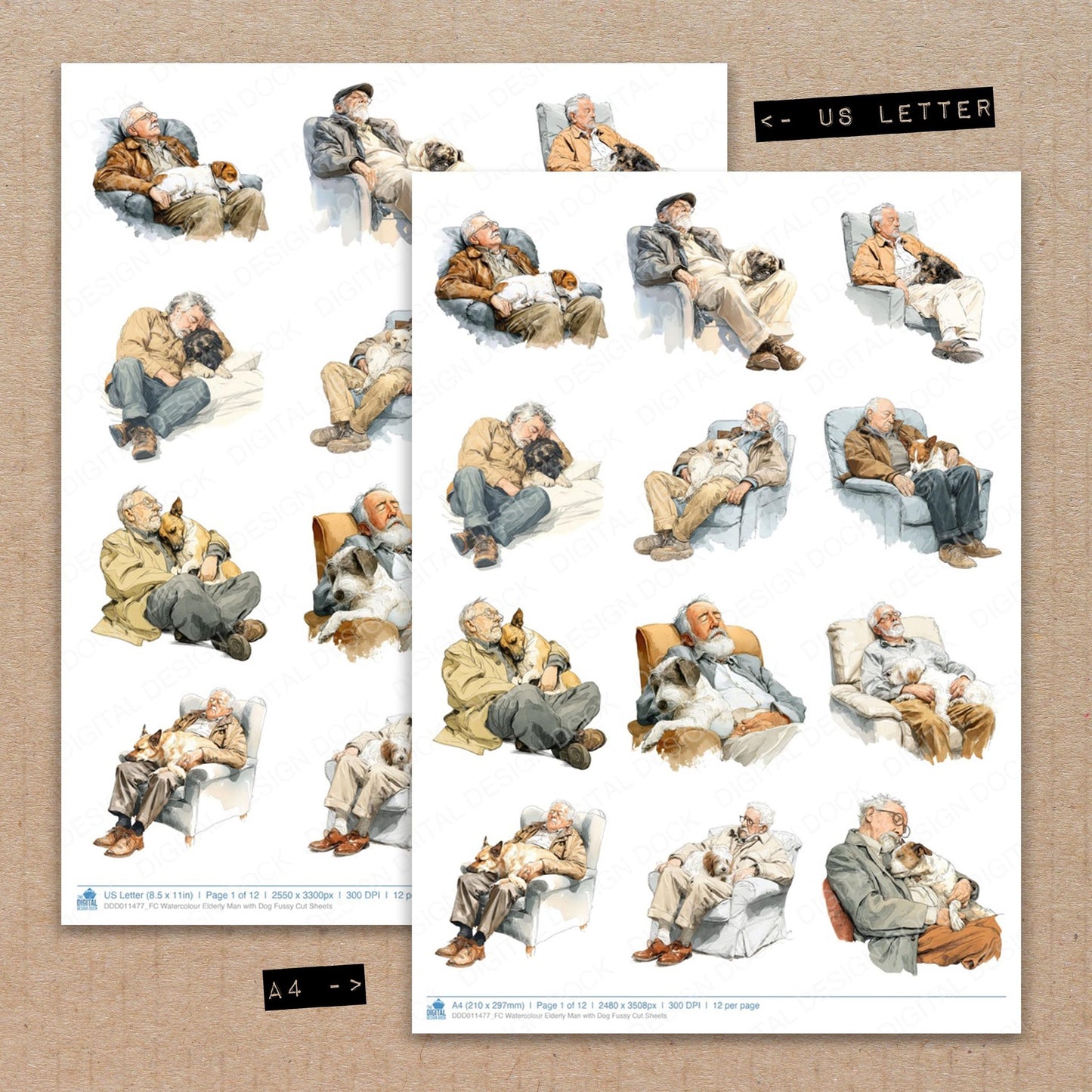 A4 and US Letter format comparison showing Watercolour Elderly Man with Dog fussy cut pages for print and cut crafting