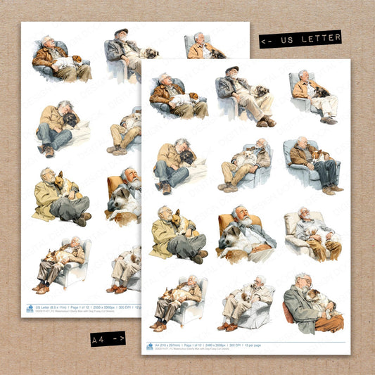 A4 and US Letter format comparison showing Watercolour Elderly Man with Dog fussy cut pages for print and cut crafting