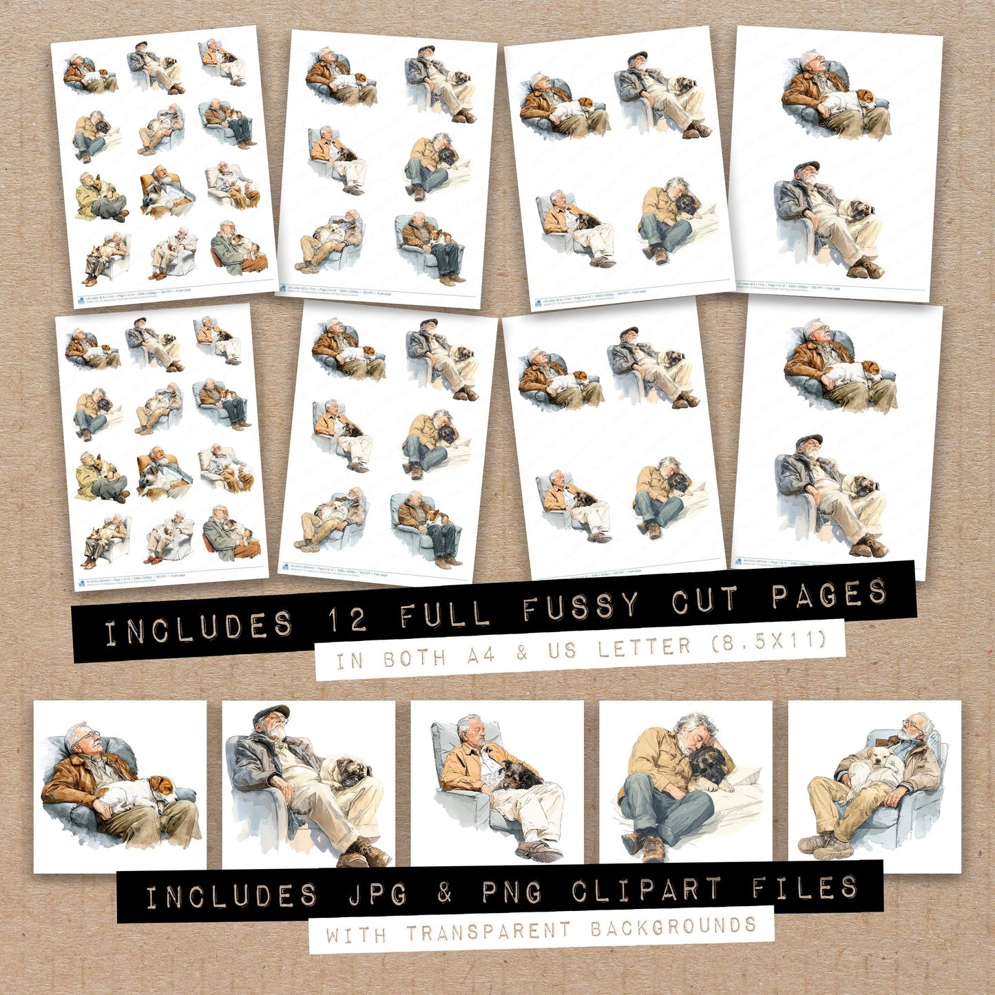 Full collection view of Watercolour Elderly Man with Dog fussy cut sheets with bonus clipart JPG and PNG files