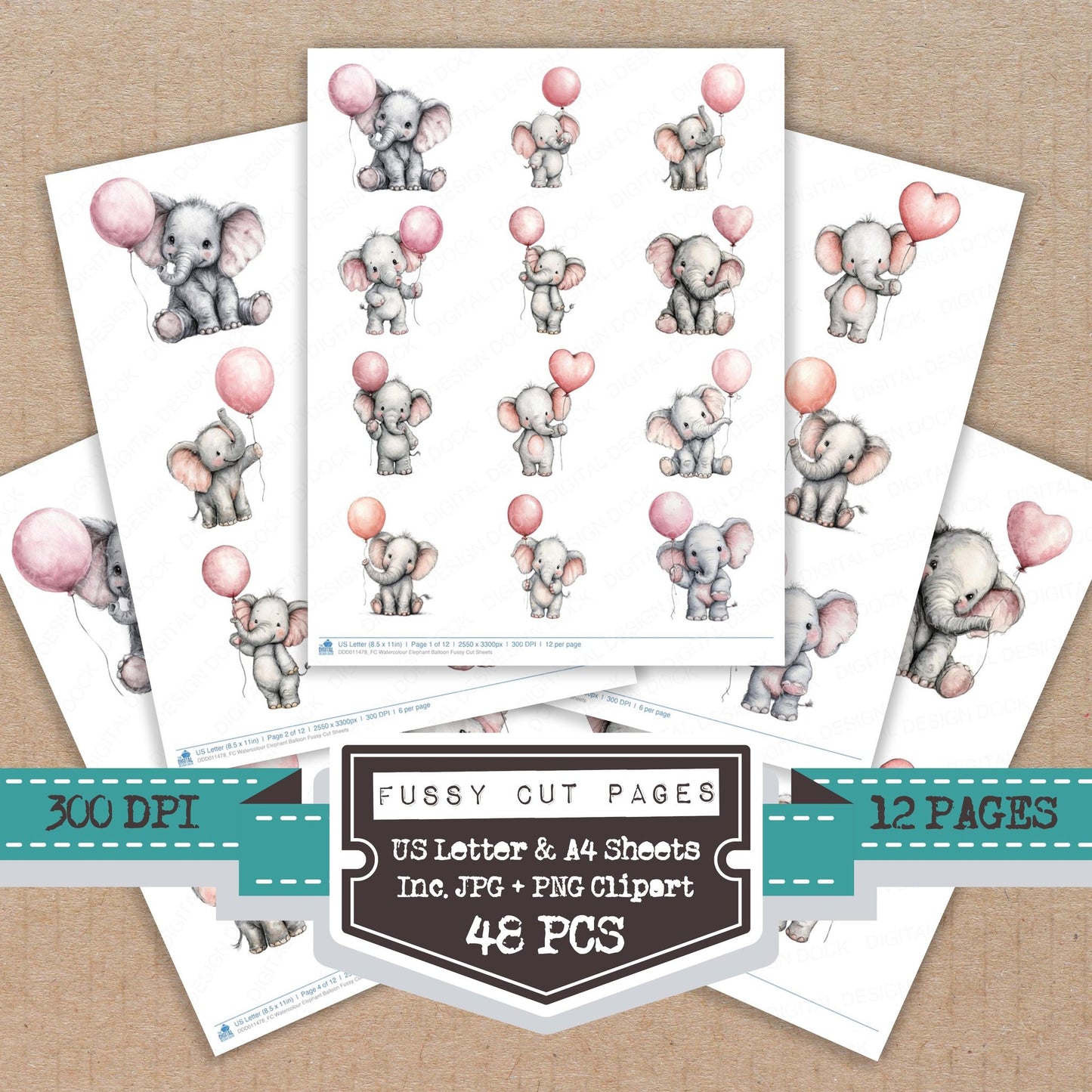 Watercolour Elephant Balloon fussy cut printable sheets for junk journaling, scrapbooking, and paper craft projects