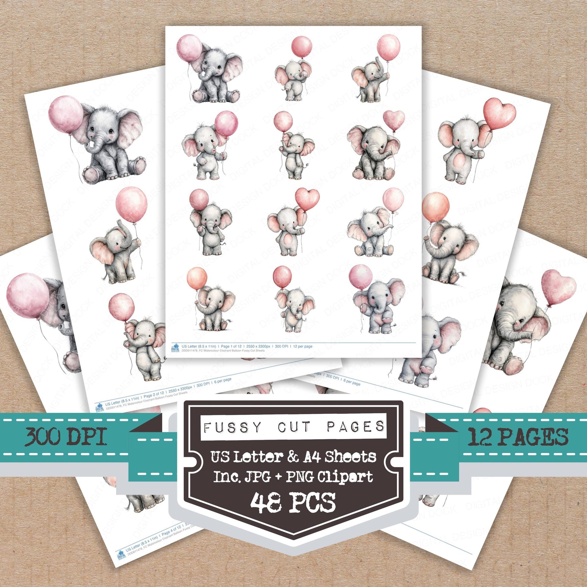Watercolour Elephant Balloon fussy cut printable sheets for junk journaling, scrapbooking, and paper craft projects