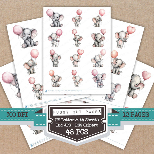 Watercolour Elephant Balloon fussy cut printable sheets for junk journaling, scrapbooking, and paper craft projects