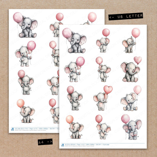A4 and US Letter format comparison showing Watercolour Elephant Balloon fussy cut pages for print and cut crafting