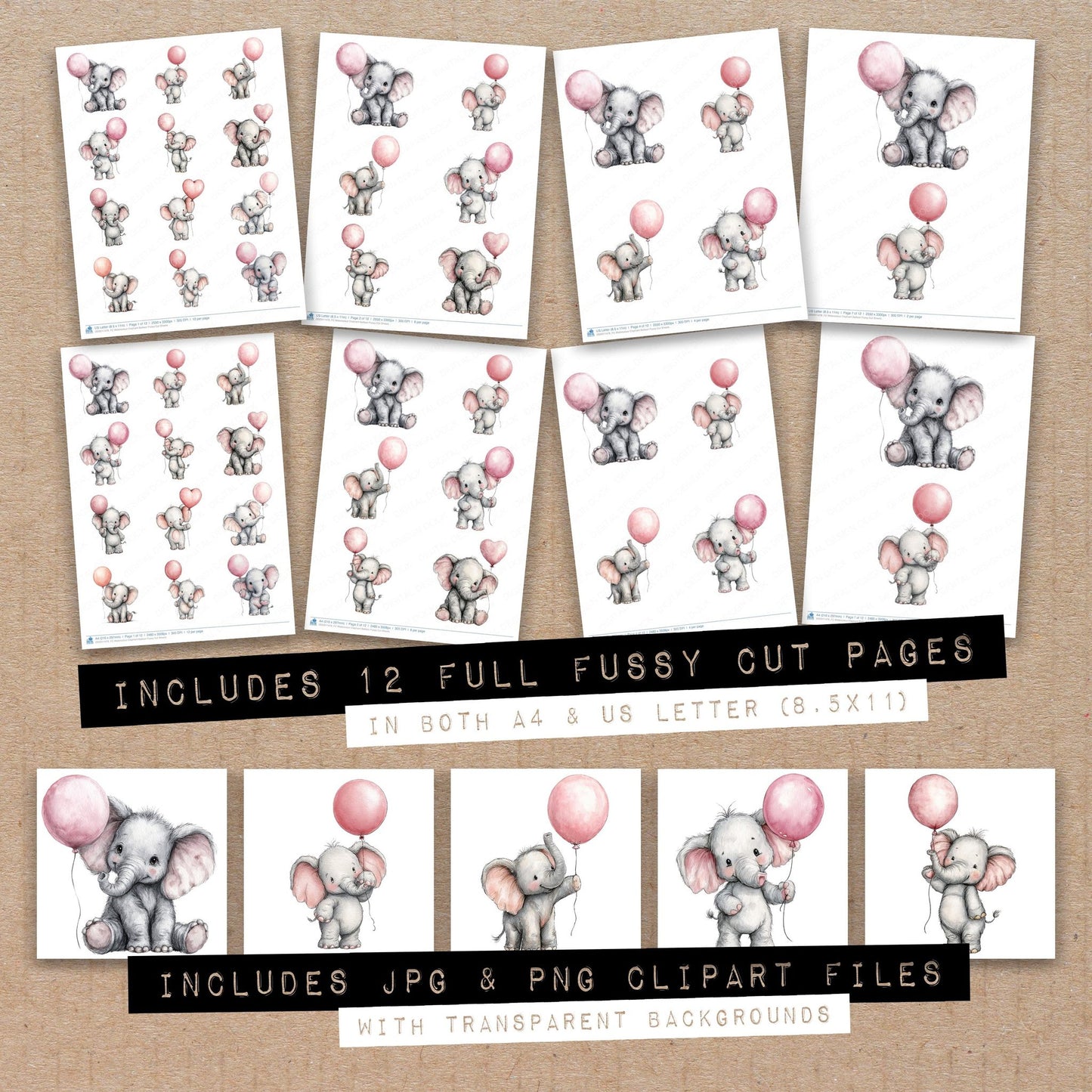 Full collection view of Watercolour Elephant Balloon fussy cut sheets with bonus clipart JPG and PNG files