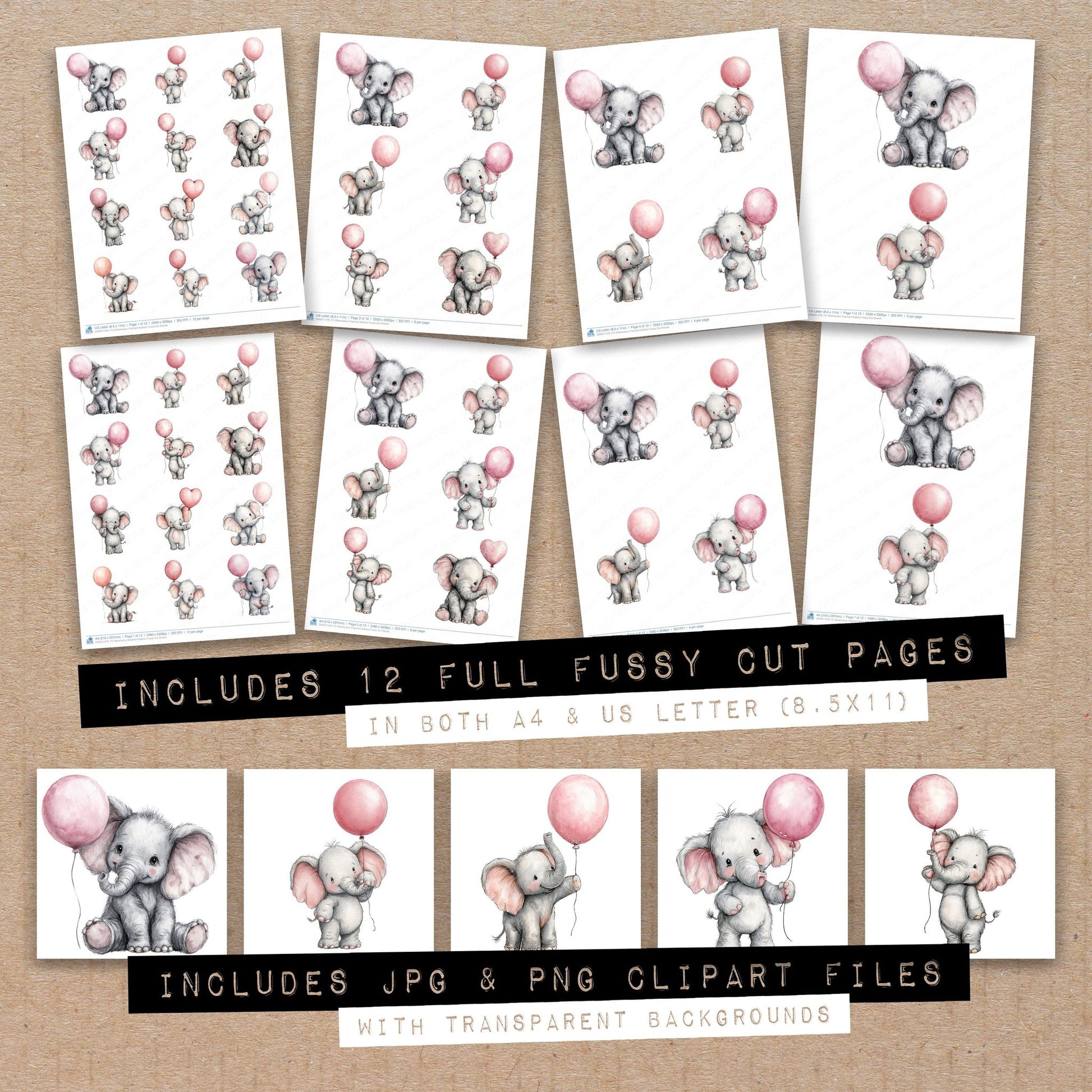 Full collection view of Watercolour Elephant Balloon fussy cut sheets with bonus clipart JPG and PNG files