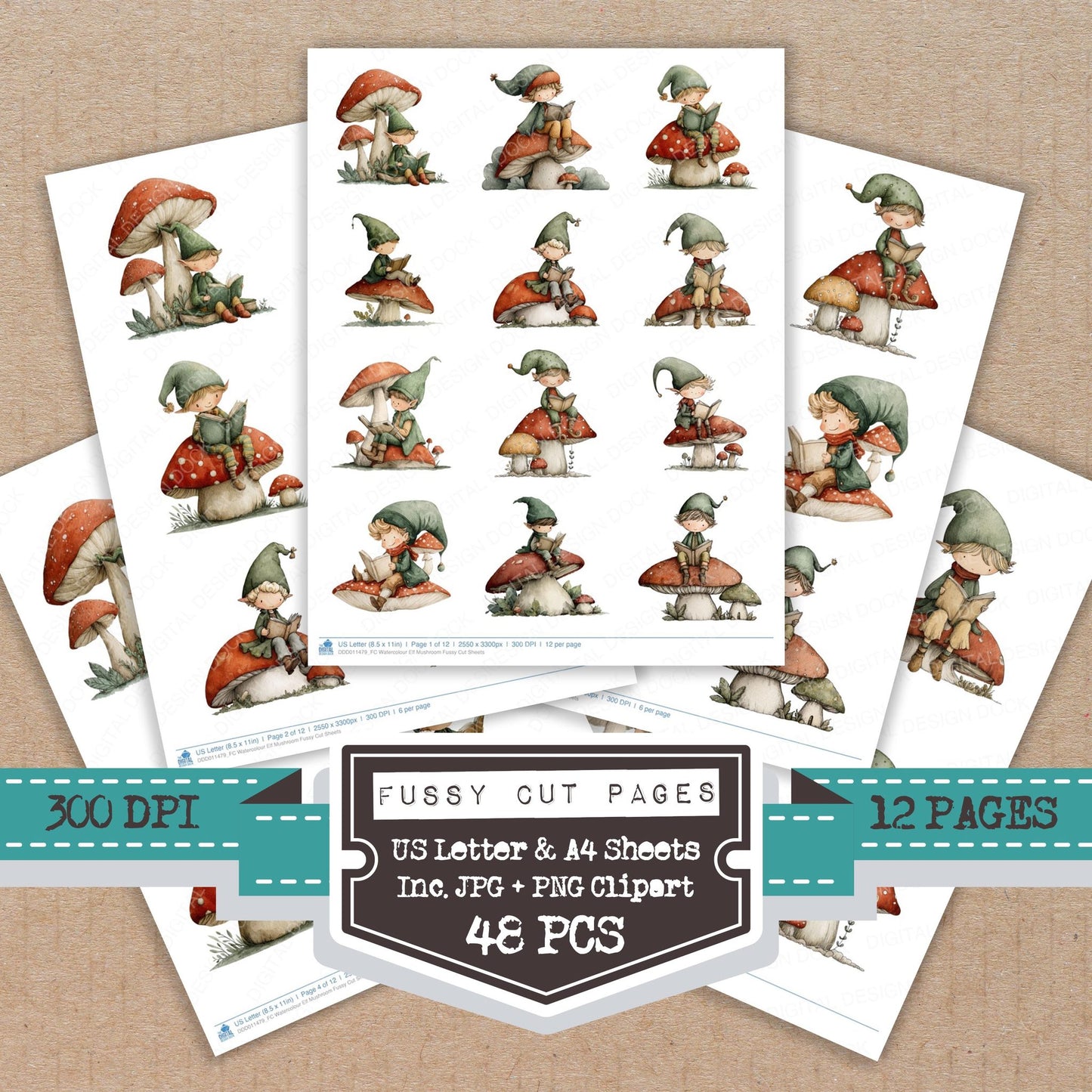 Watercolour Elf Mushroom fussy cut printable sheets for junk journaling, scrapbooking, and paper craft projects