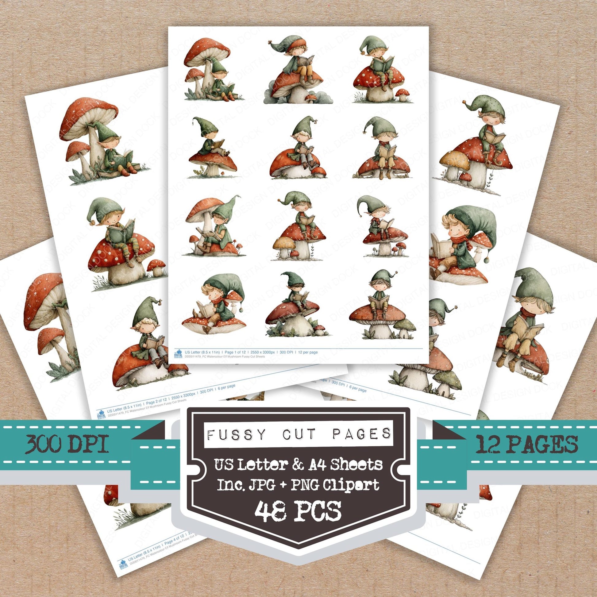Watercolour Elf Mushroom fussy cut printable sheets for junk journaling, scrapbooking, and paper craft projects