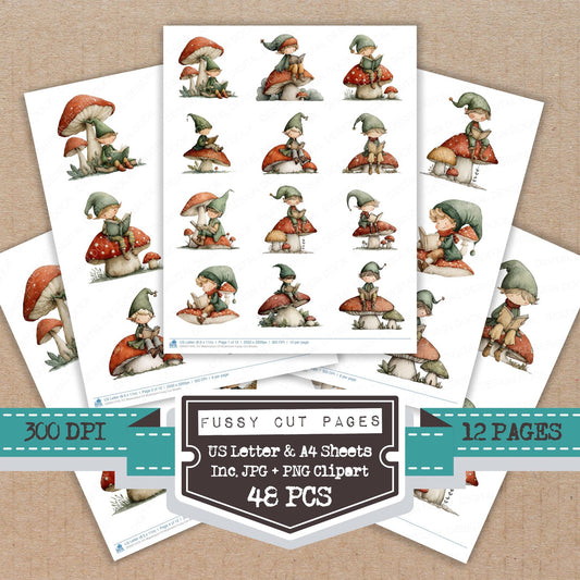 Watercolour Elf Mushroom fussy cut printable sheets for junk journaling, scrapbooking, and paper craft projects