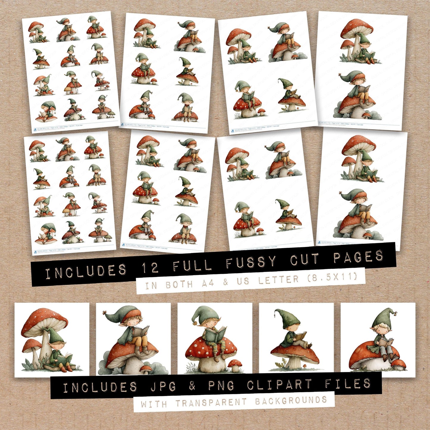 Full collection view of Watercolour Elf Mushroom fussy cut sheets with bonus clipart JPG and PNG files