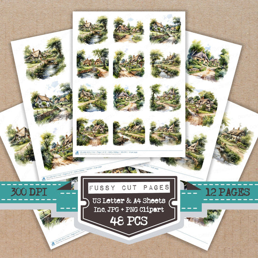 Watercolour English Village Cotswolds fussy cut printable sheets for junk journaling, scrapbooking, and paper craft projects