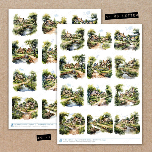 A4 and US Letter format comparison showing Watercolour English Village Cotswolds fussy cut pages for print and cut crafting