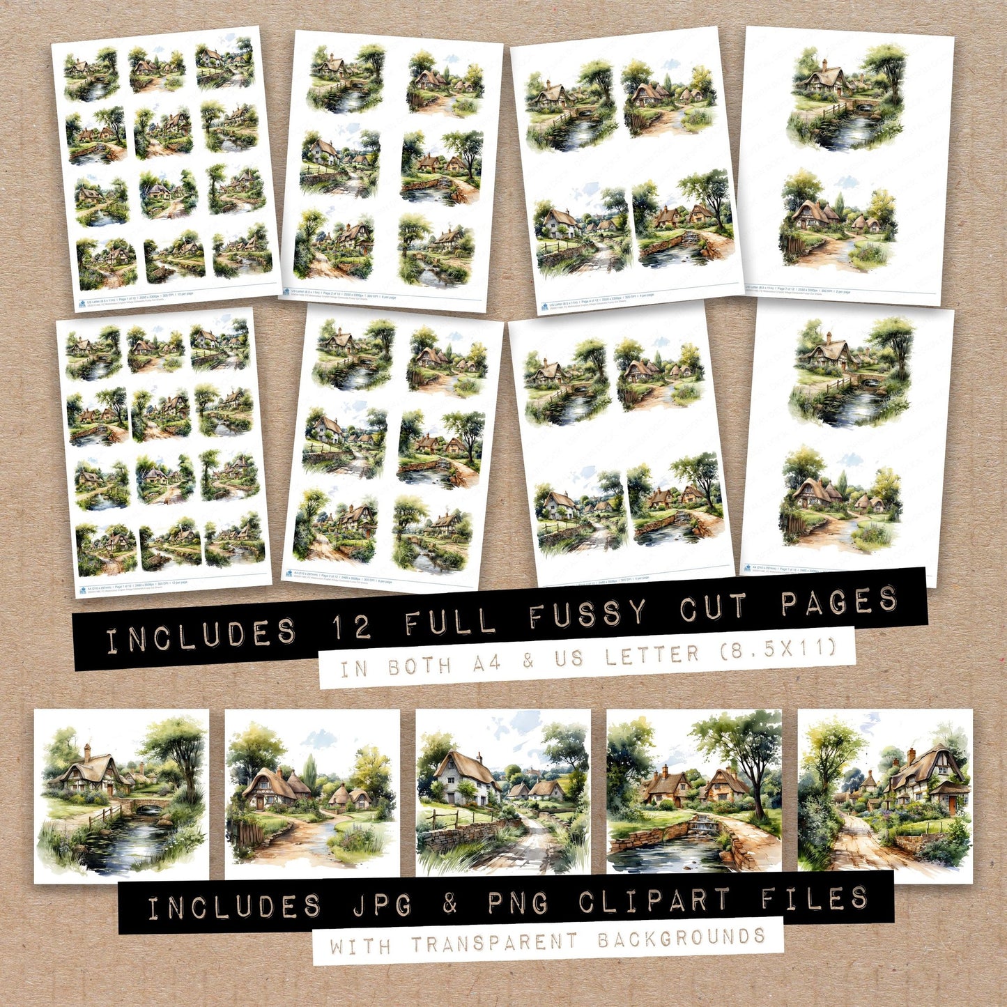 Full collection view of Watercolour English Village Cotswolds fussy cut sheets with bonus clipart JPG and PNG files