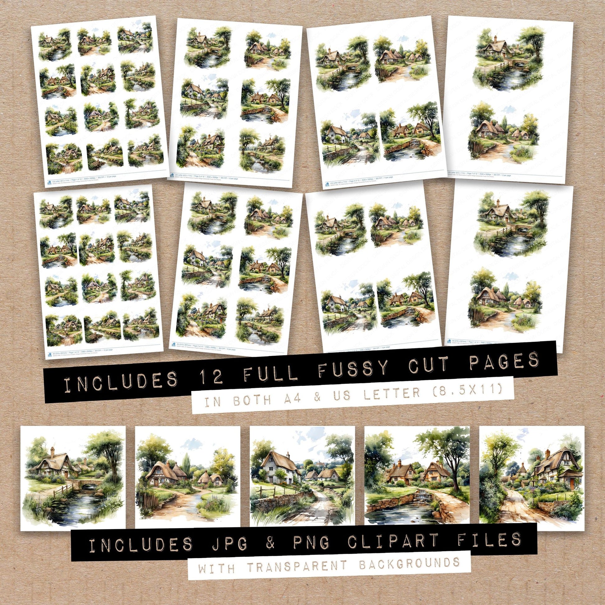 Full collection view of Watercolour English Village Cotswolds fussy cut sheets with bonus clipart JPG and PNG files