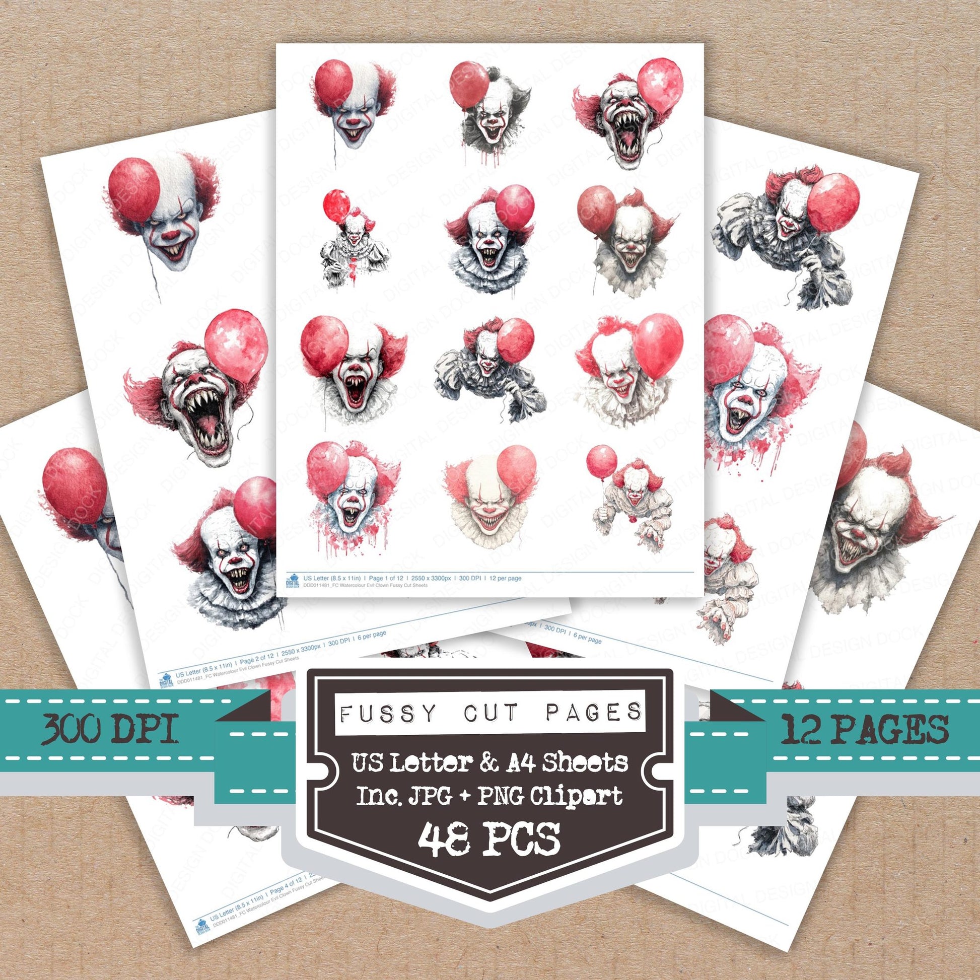 Watercolour Evil Clown fussy cut printable sheets for junk journaling, scrapbooking, and paper craft projects