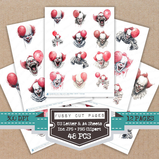 Watercolour Evil Clown fussy cut printable sheets for junk journaling, scrapbooking, and paper craft projects