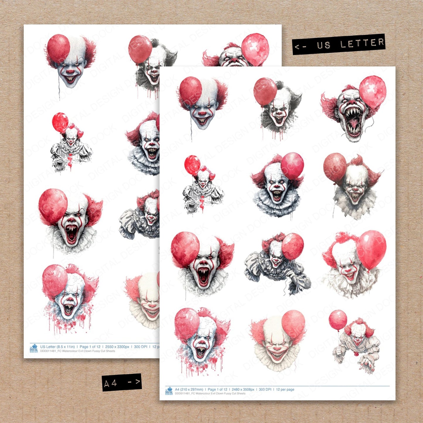 A4 and US Letter format comparison showing Watercolour Evil Clown fussy cut pages for print and cut crafting