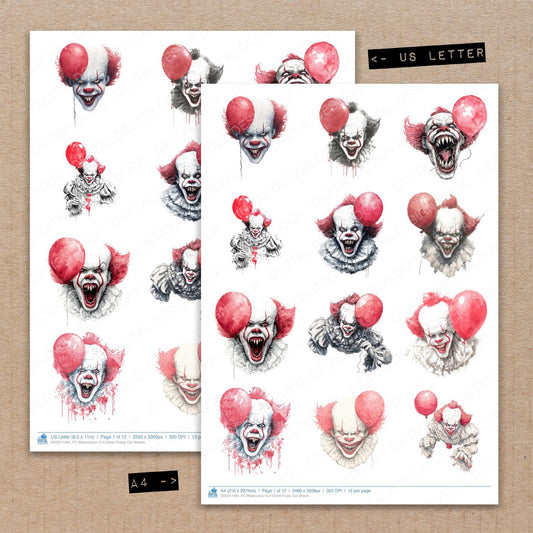 A4 and US Letter format comparison showing Watercolour Evil Clown fussy cut pages for print and cut crafting