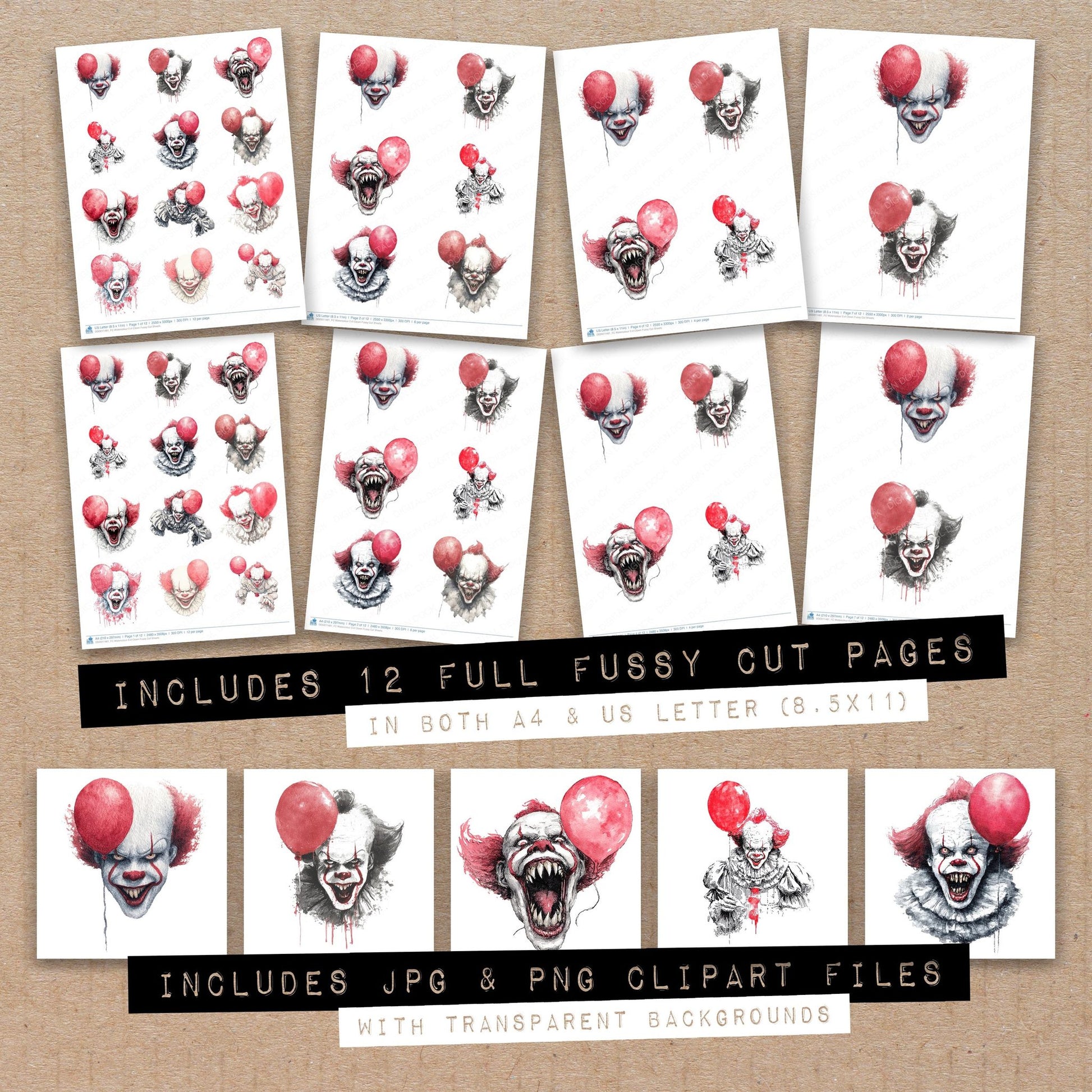 Full collection view of Watercolour Evil Clown fussy cut sheets with bonus clipart JPG and PNG files