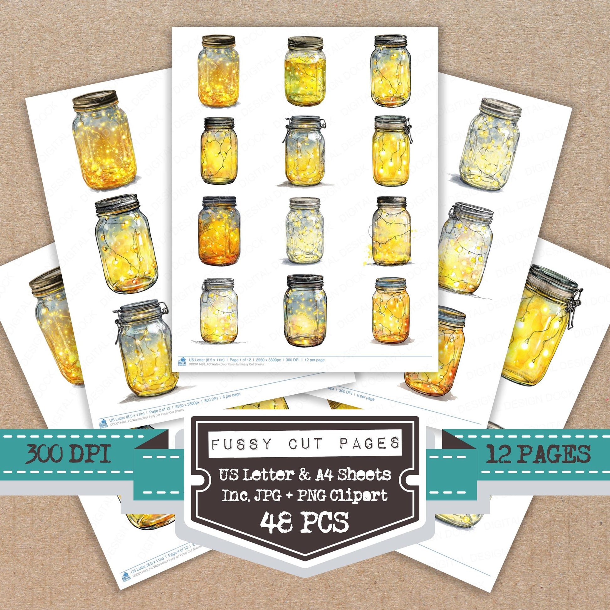 Watercolour Fairy Jar fussy cut printable sheets for junk journaling, scrapbooking, and paper craft projects