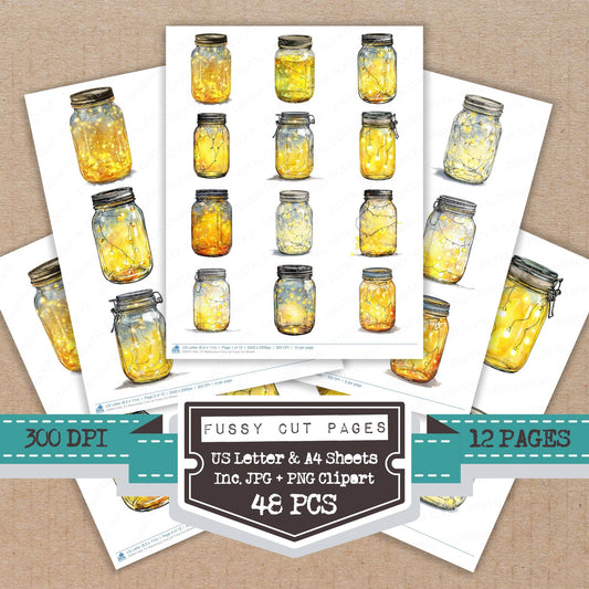 Watercolour Fairy Jar fussy cut printable sheets for junk journaling, scrapbooking, and paper craft projects