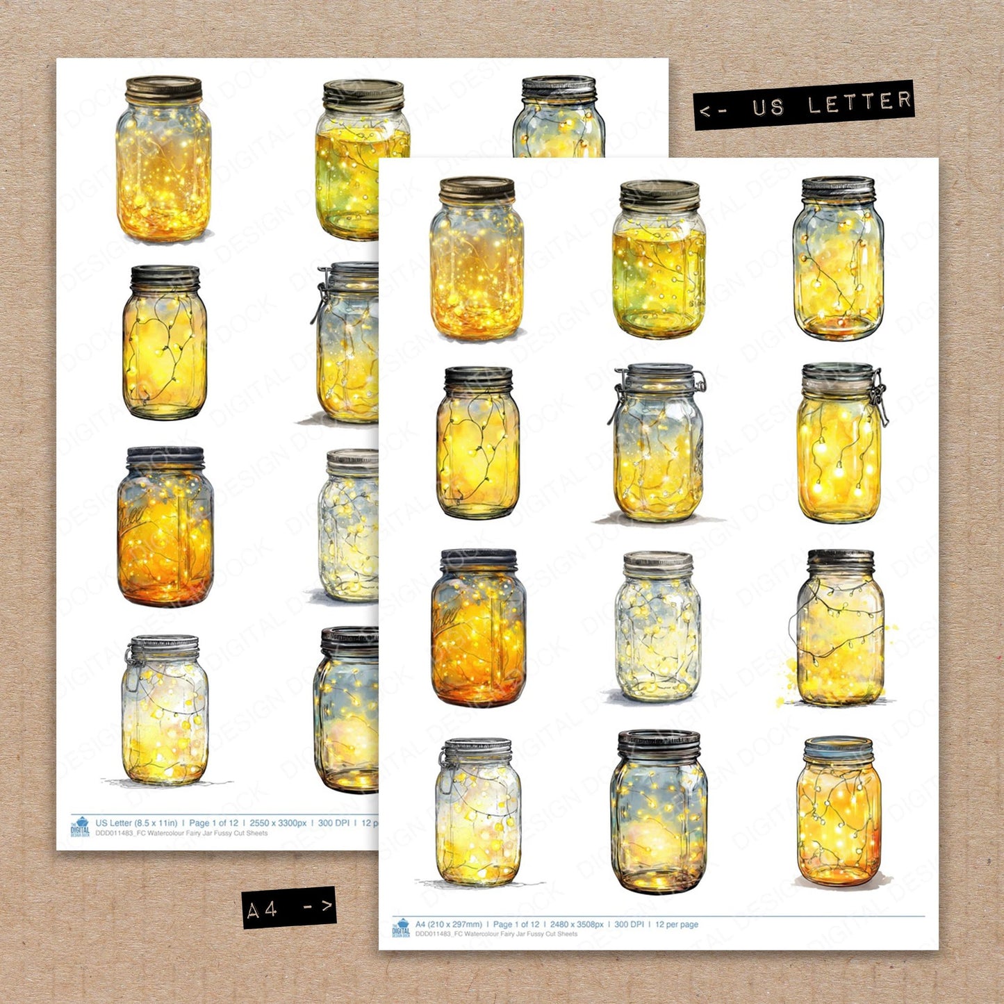 A4 and US Letter format comparison showing Watercolour Fairy Jar fussy cut pages for print and cut crafting