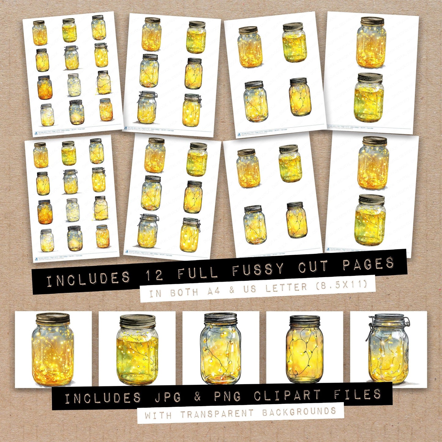 Full collection view of Watercolour Fairy Jar fussy cut sheets with bonus clipart JPG and PNG files