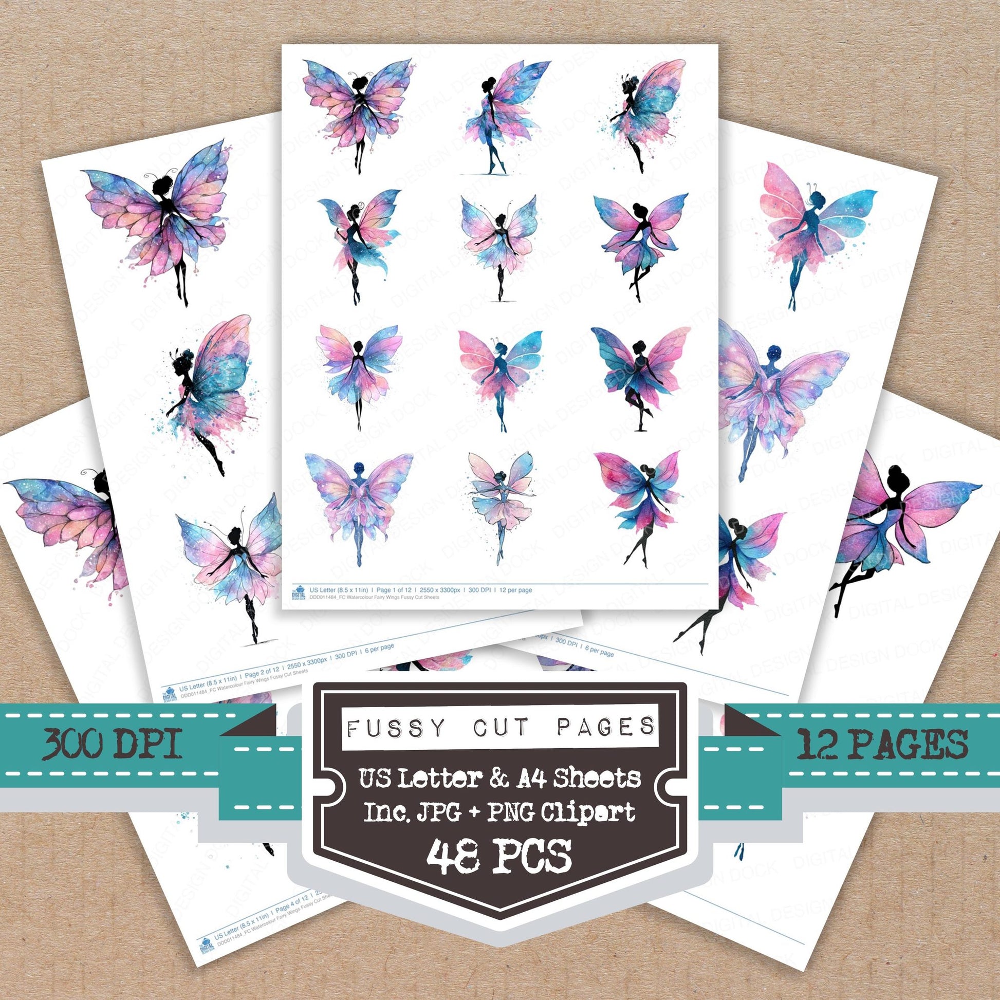 Watercolour Fairy Wings fussy cut printable sheets for junk journaling, scrapbooking, and paper craft projects