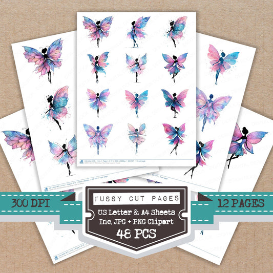 Watercolour Fairy Wings fussy cut printable sheets for junk journaling, scrapbooking, and paper craft projects