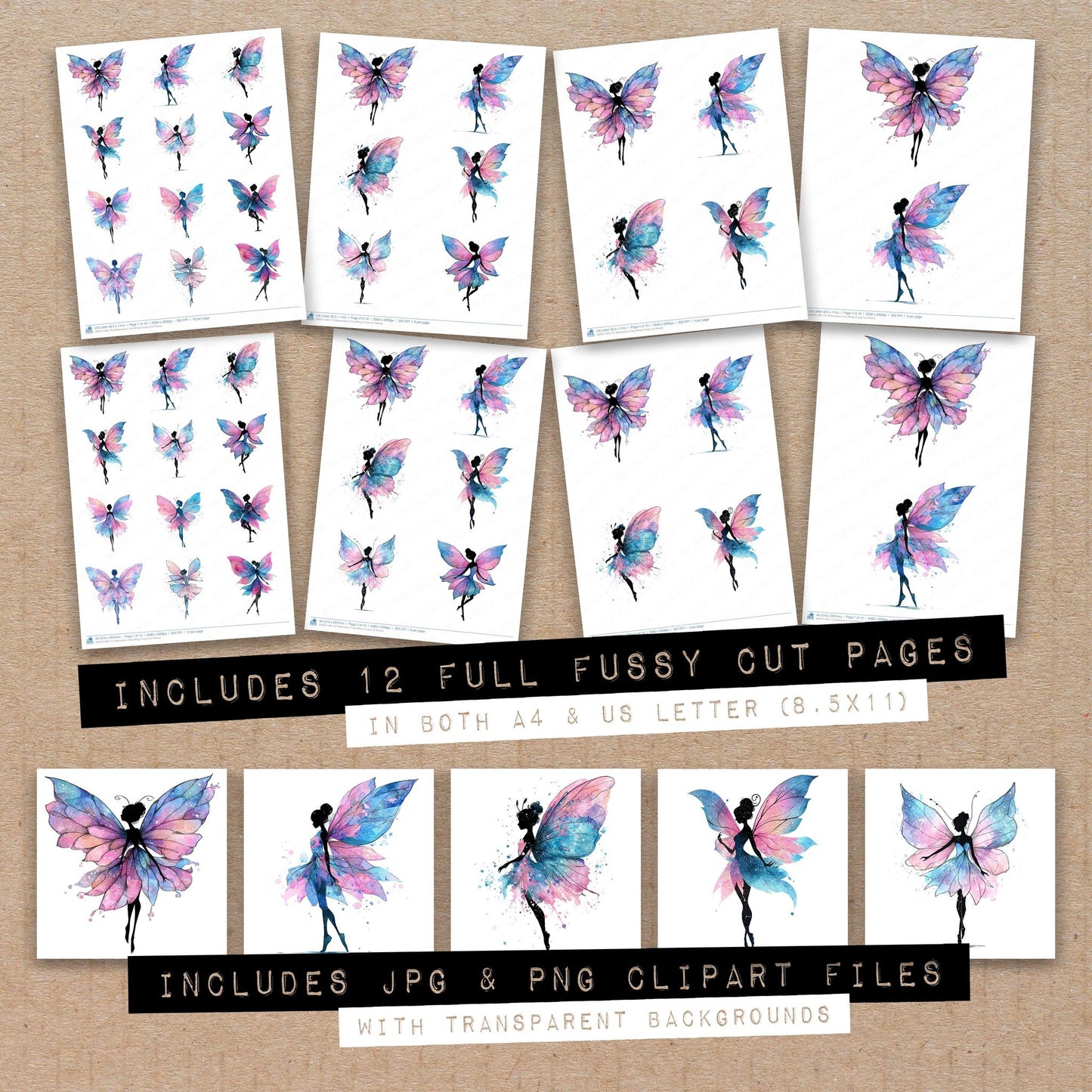 Full collection view of Watercolour Fairy Wings fussy cut sheets with bonus clipart JPG and PNG files