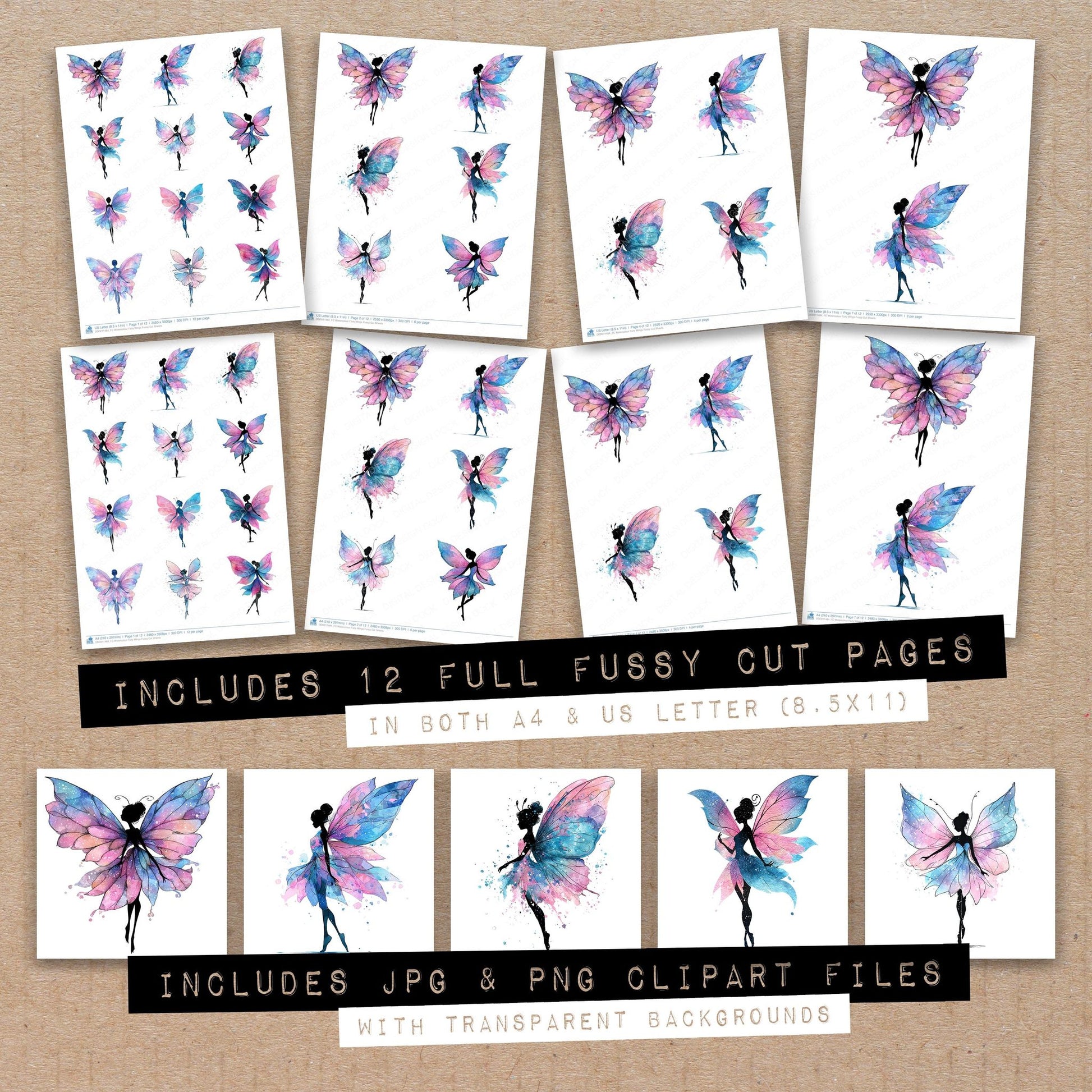 Full collection view of Watercolour Fairy Wings fussy cut sheets with bonus clipart JPG and PNG files