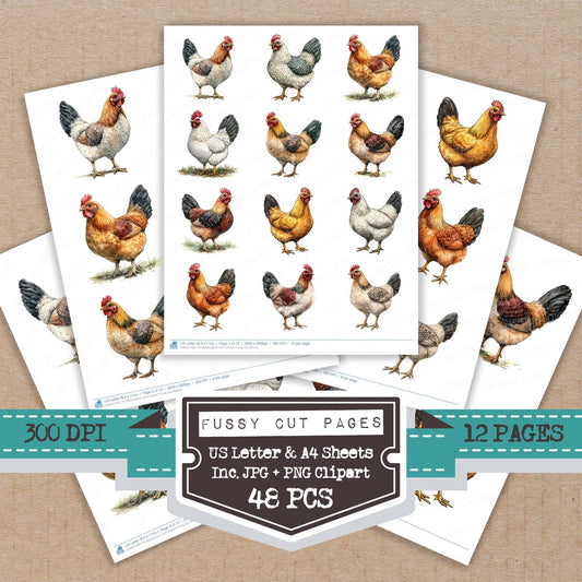 Watercolour Farm Chicken fussy cut printable sheets for junk journaling, scrapbooking, and paper craft projects