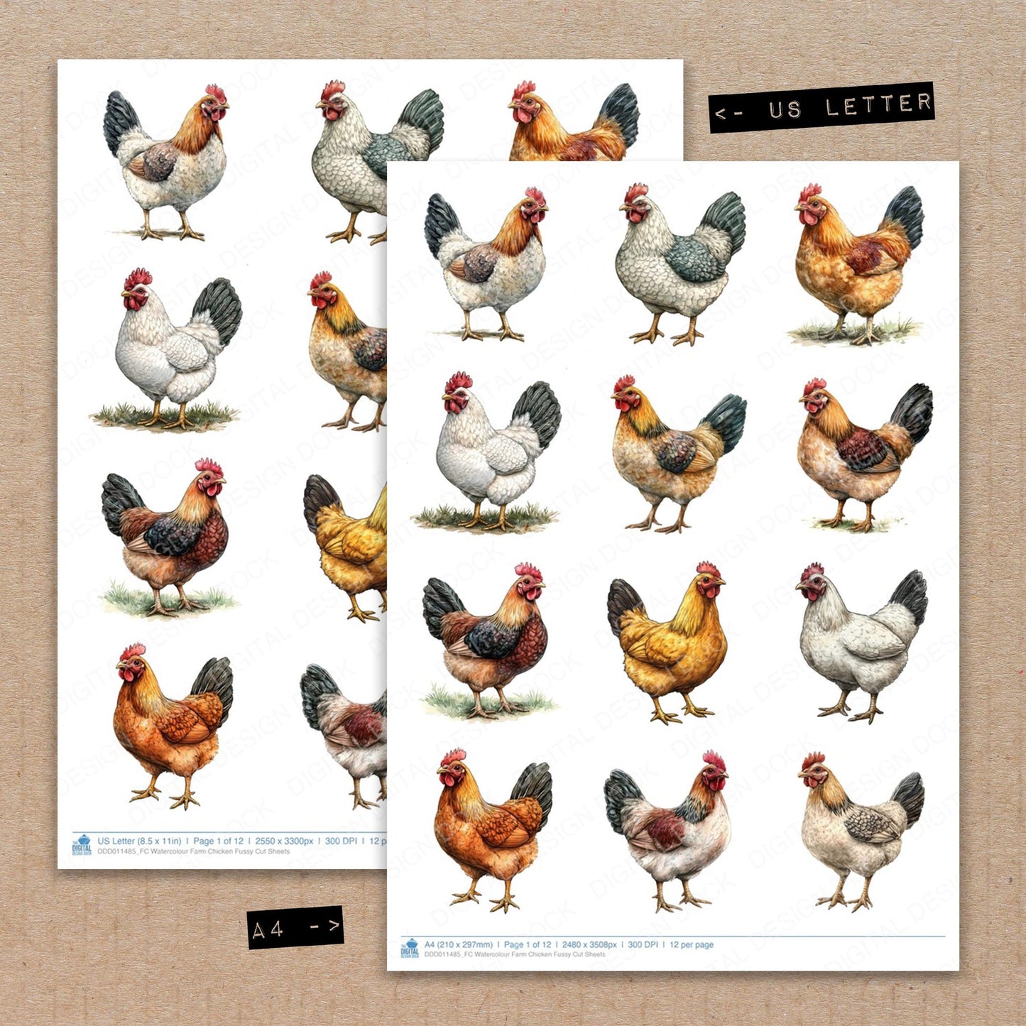 A4 and US Letter format comparison showing Watercolour Farm Chicken fussy cut pages for print and cut crafting