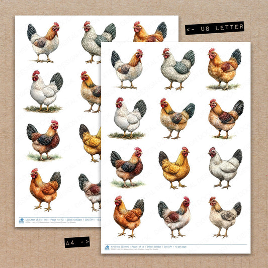 A4 and US Letter format comparison showing Watercolour Farm Chicken fussy cut pages for print and cut crafting