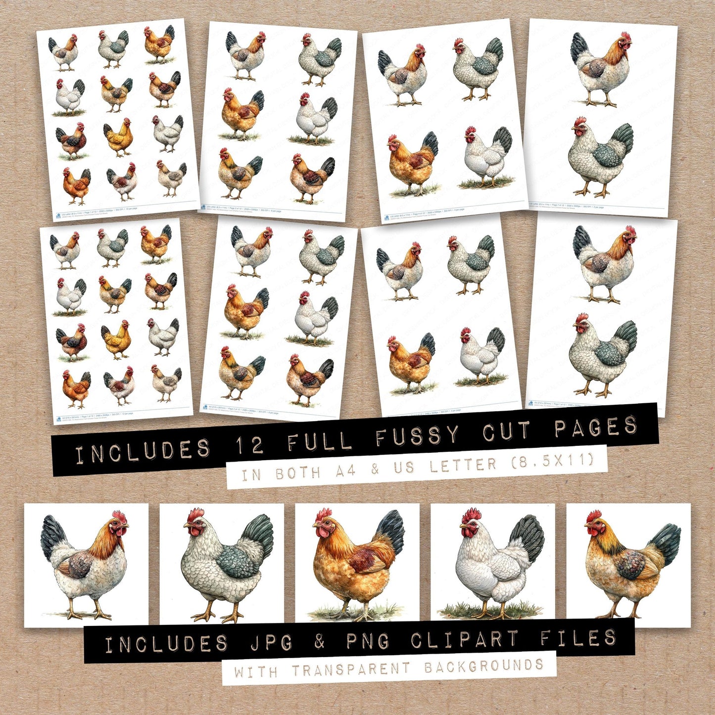Full collection view of Watercolour Farm Chicken fussy cut sheets with bonus clipart JPG and PNG files