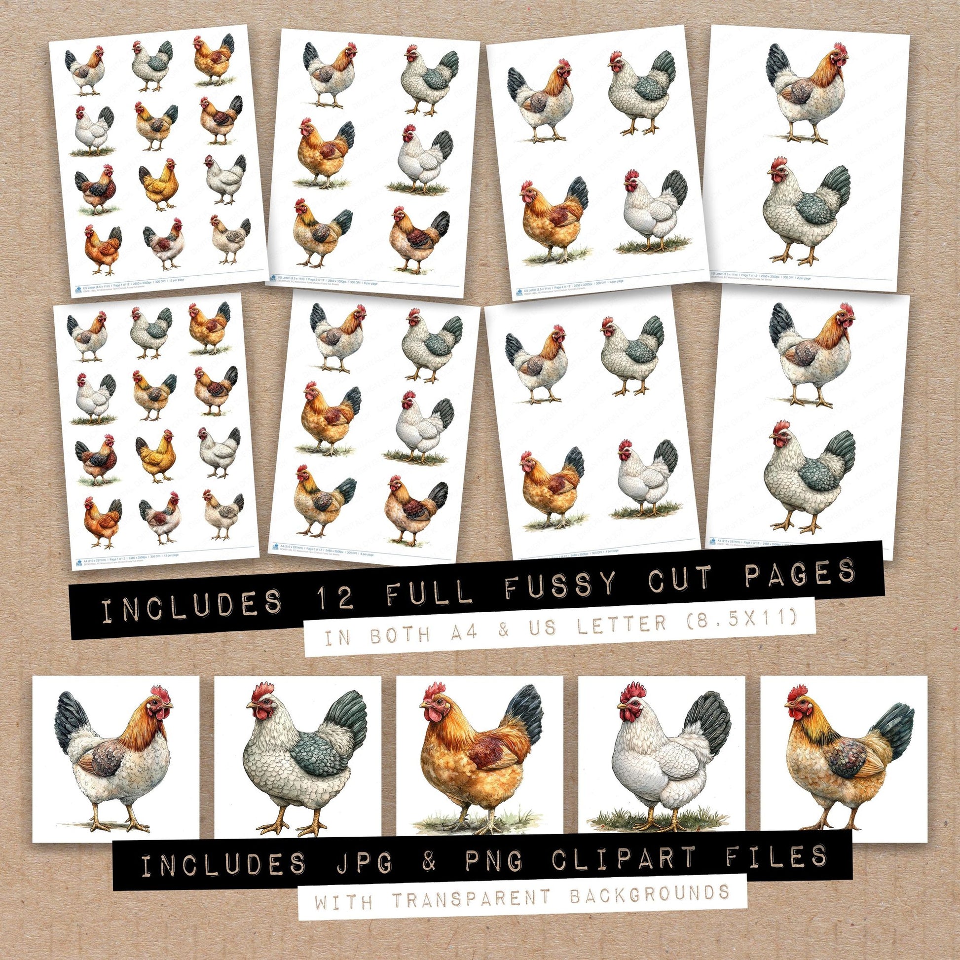 Full collection view of Watercolour Farm Chicken fussy cut sheets with bonus clipart JPG and PNG files