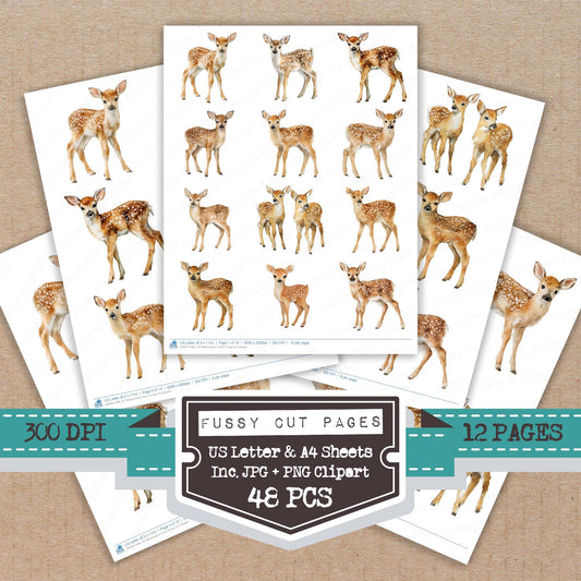 Watercolour Fawn fussy cut printable sheets for junk journaling, scrapbooking, and paper craft projects