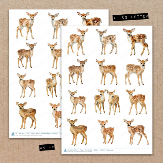 A4 and US Letter format comparison showing Watercolour Fawn fussy cut pages for print and cut crafting