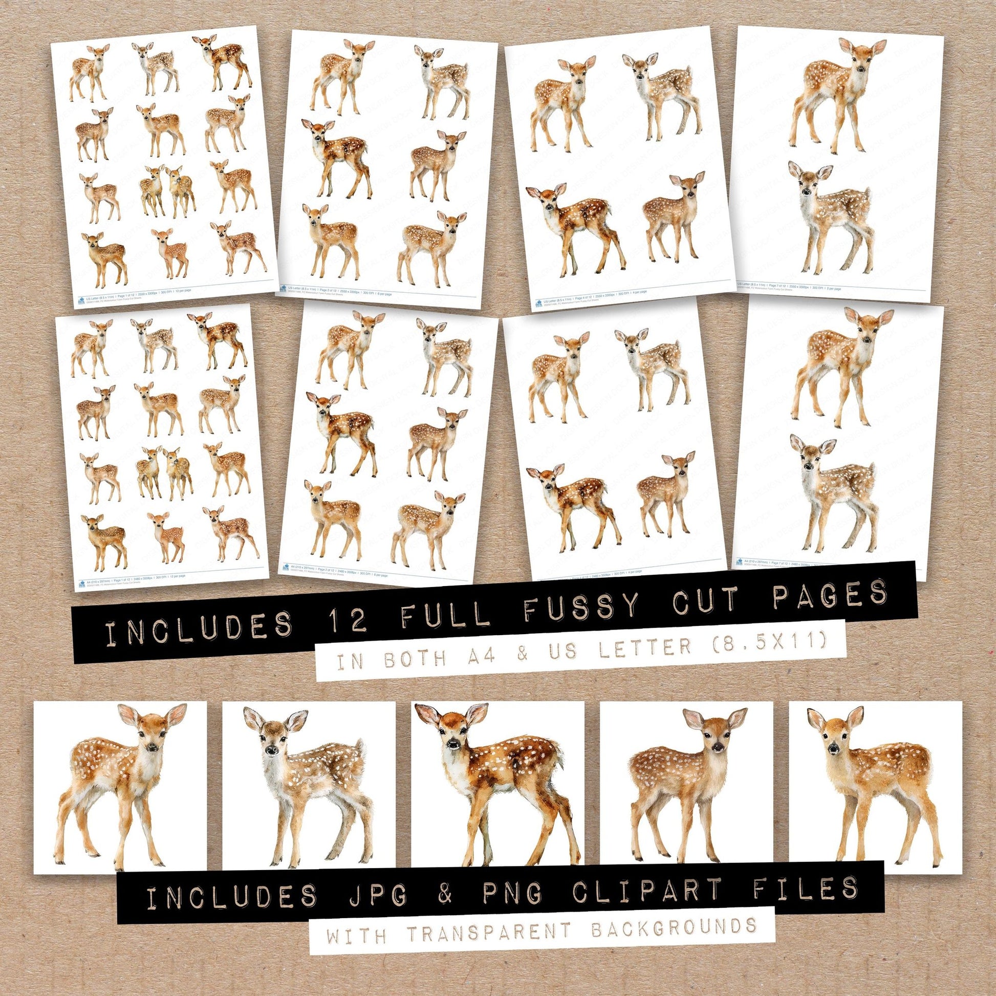Full collection view of Watercolour Fawn fussy cut sheets with bonus clipart JPG and PNG files