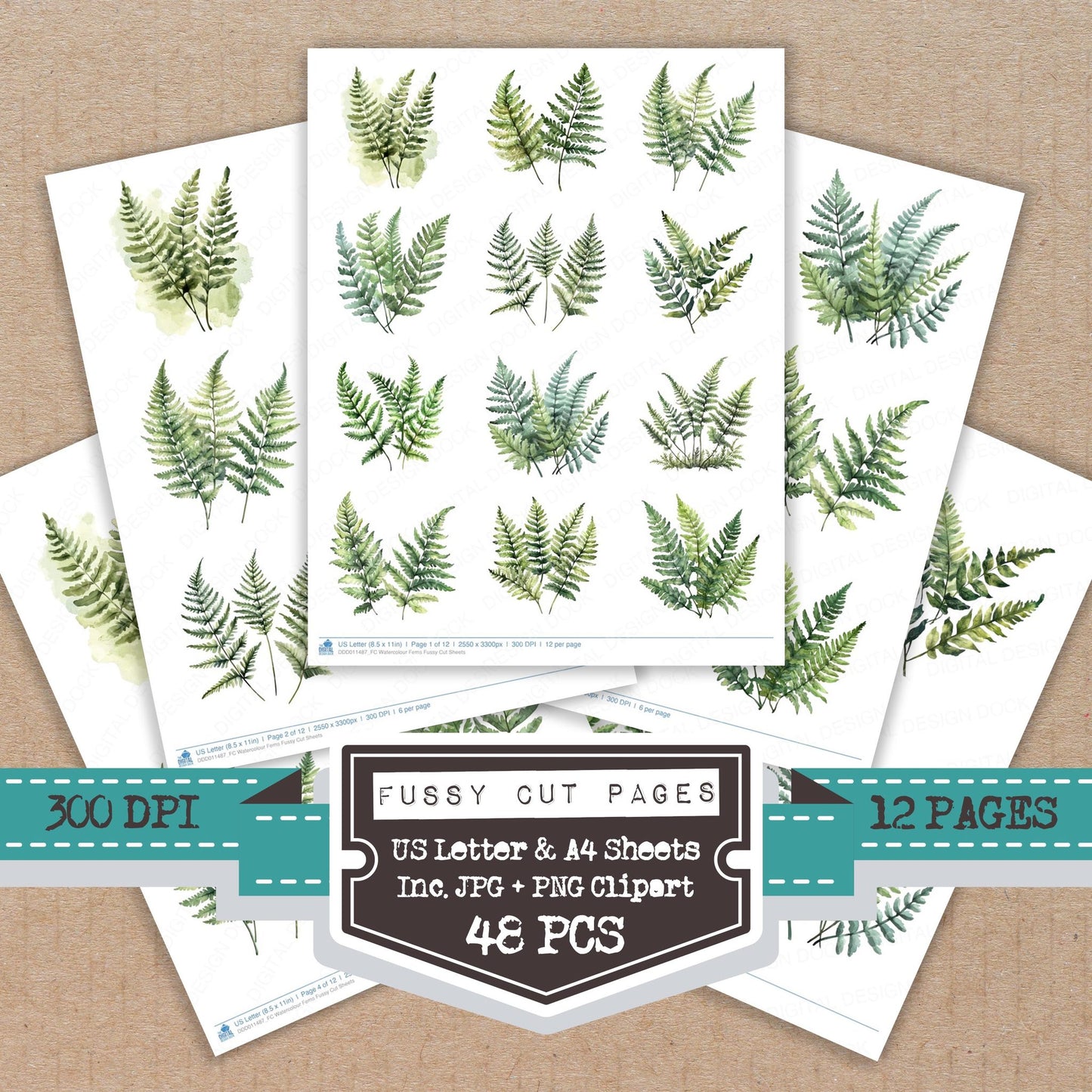 Watercolour Ferns fussy cut printable sheets for junk journaling, scrapbooking, and paper craft projects