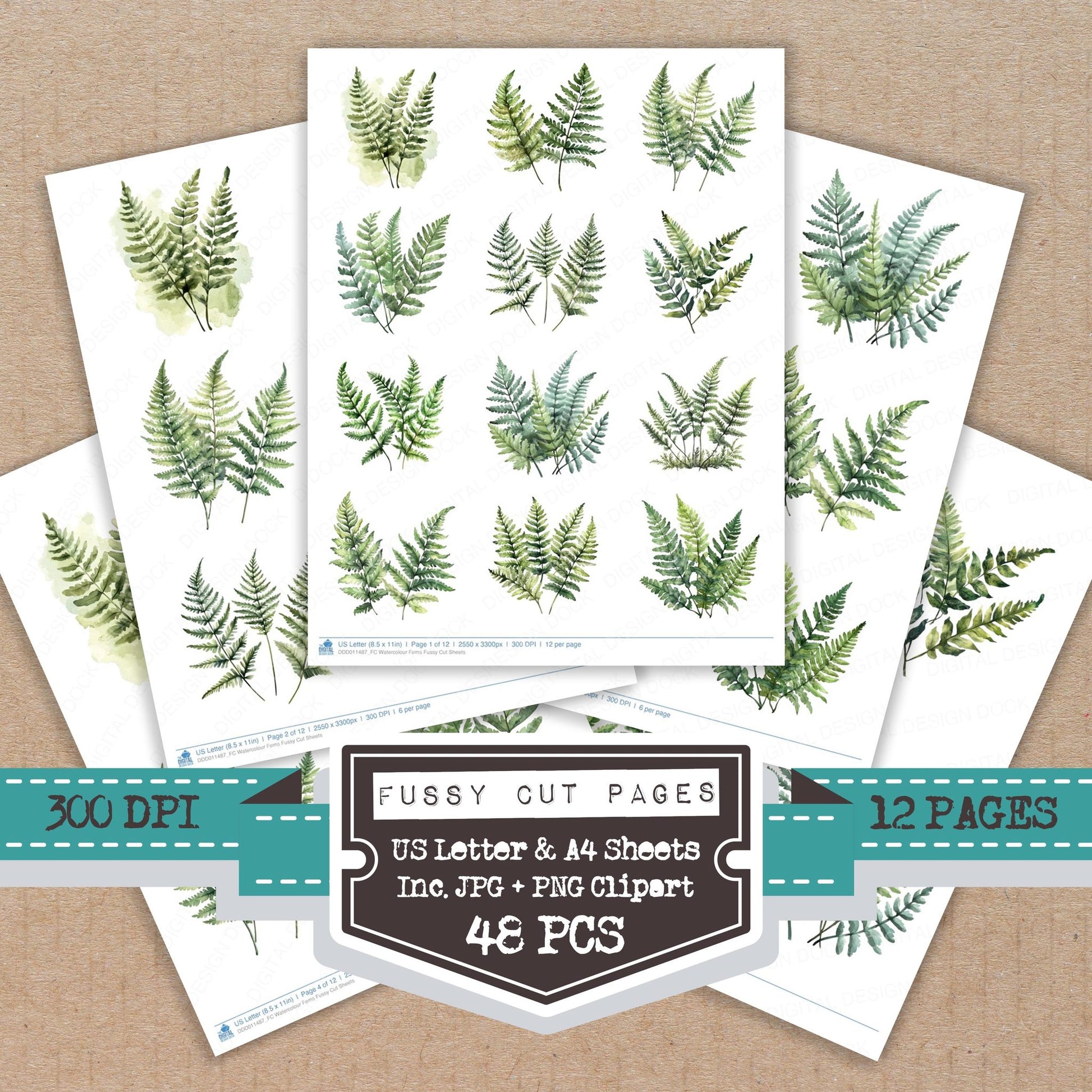 Watercolour Ferns fussy cut printable sheets for junk journaling, scrapbooking, and paper craft projects