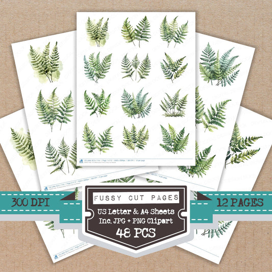 Watercolour Ferns fussy cut printable sheets for junk journaling, scrapbooking, and paper craft projects