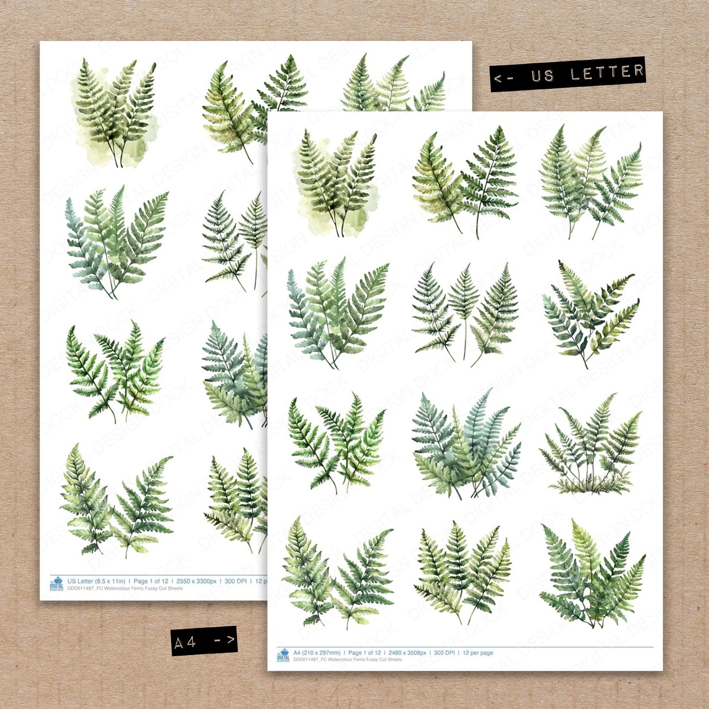 A4 and US Letter format comparison showing Watercolour Ferns fussy cut pages for print and cut crafting