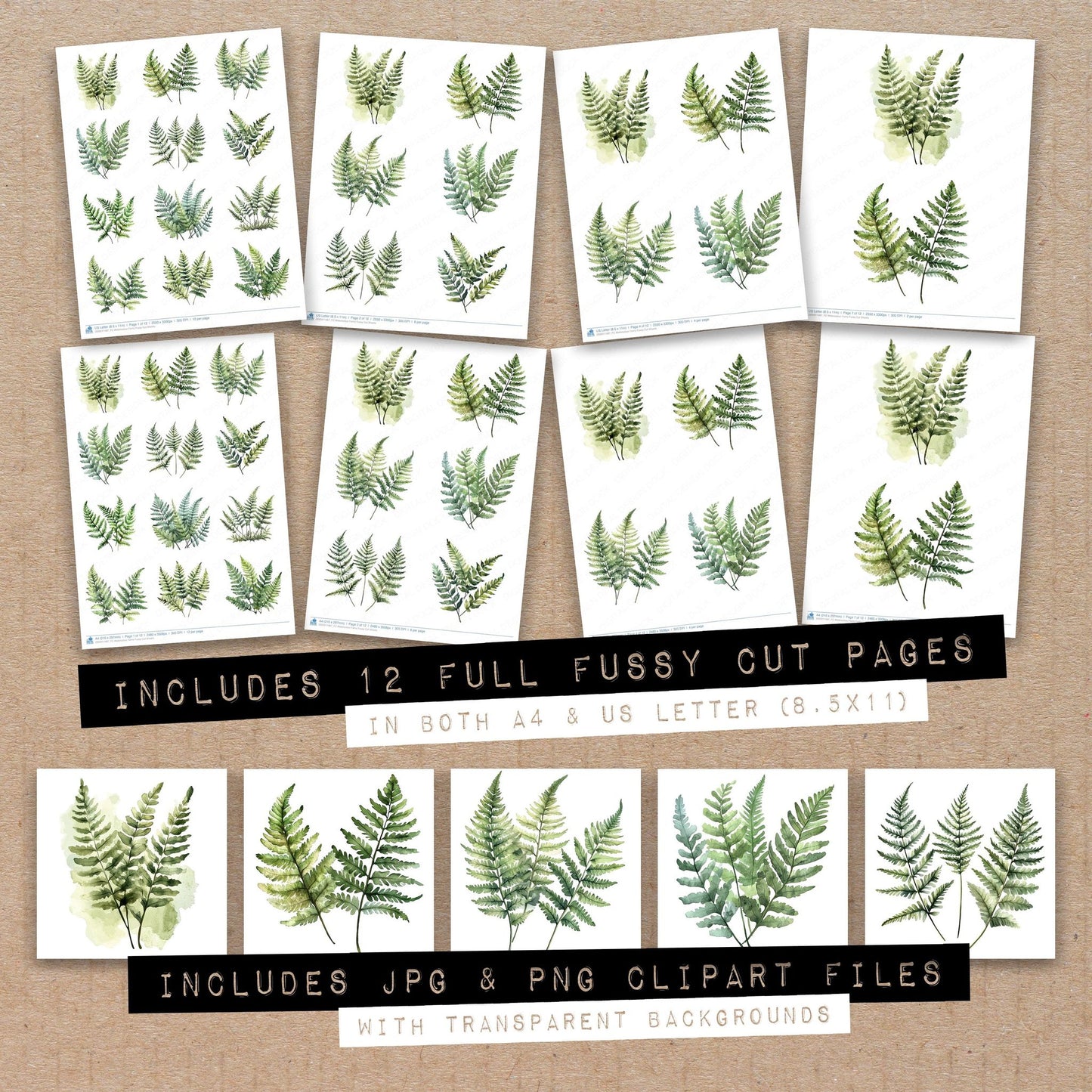 Full collection view of Watercolour Ferns fussy cut sheets with bonus clipart JPG and PNG files