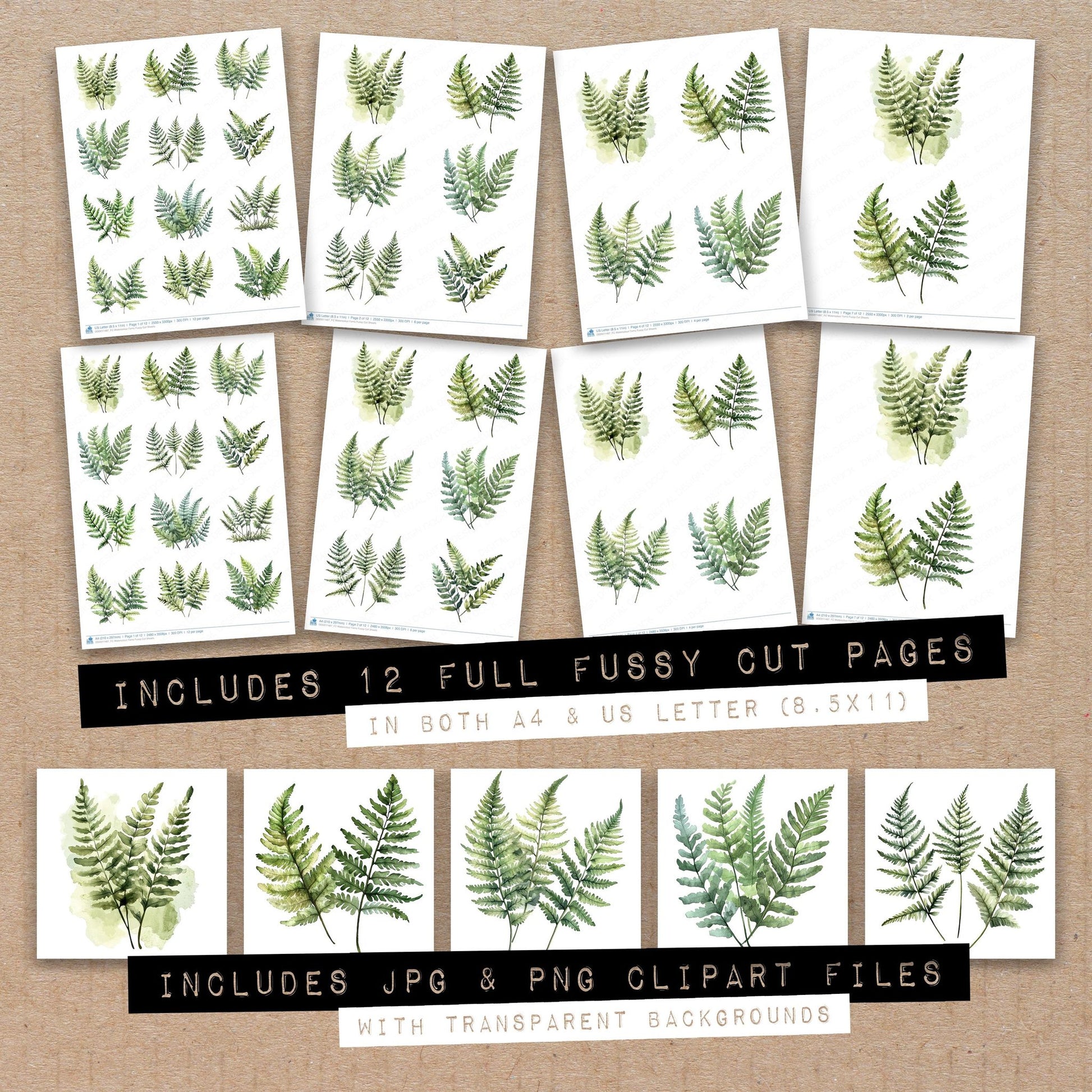 Full collection view of Watercolour Ferns fussy cut sheets with bonus clipart JPG and PNG files