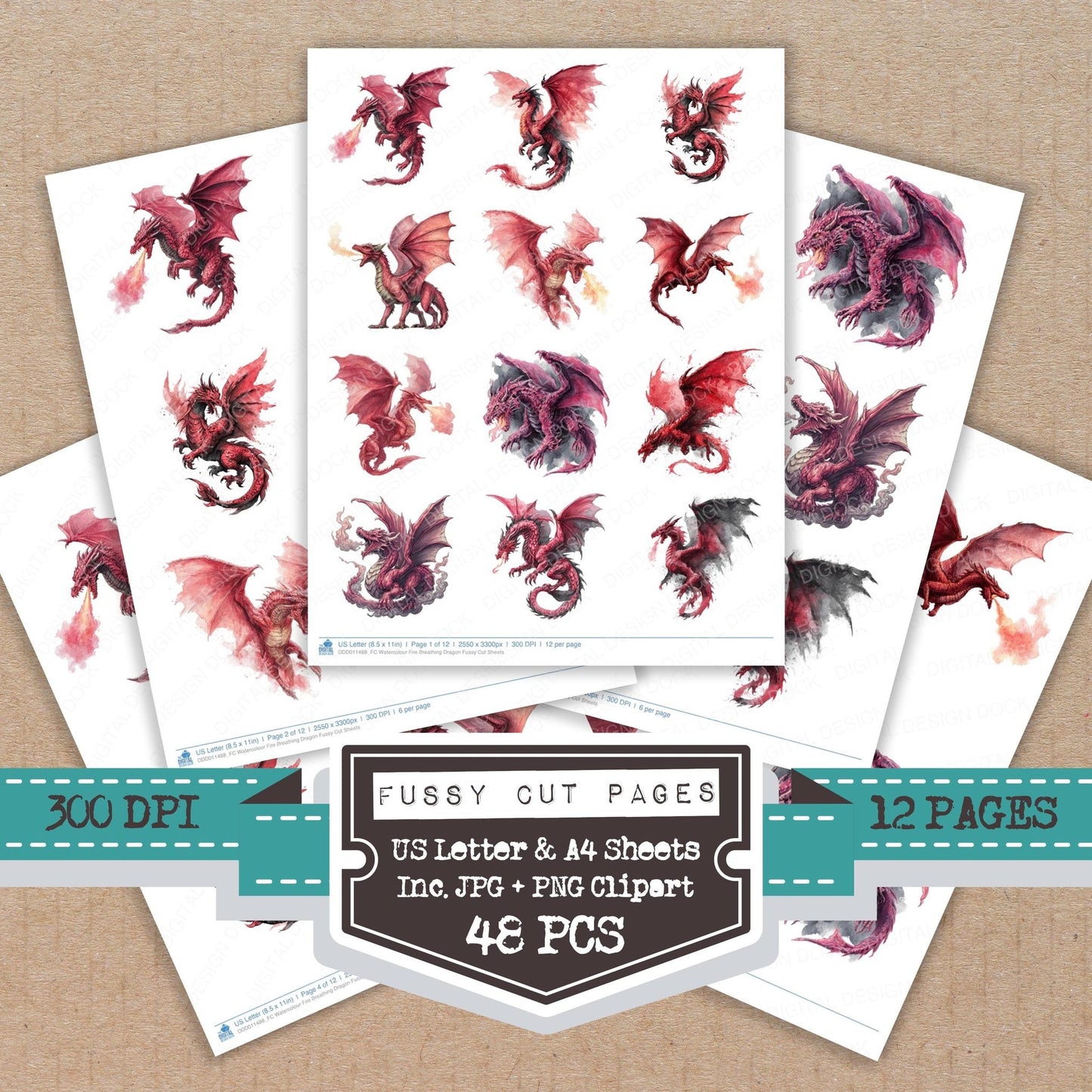 Watercolour Fire Breathing Dragon Fussy Cut Sheets (DDD011488)