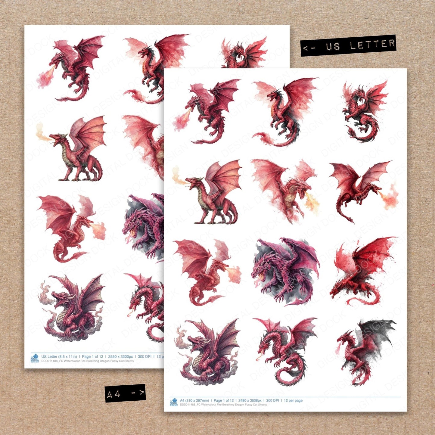 Watercolour Fire Breathing Dragon Fussy Cut Sheets (DDD011488)