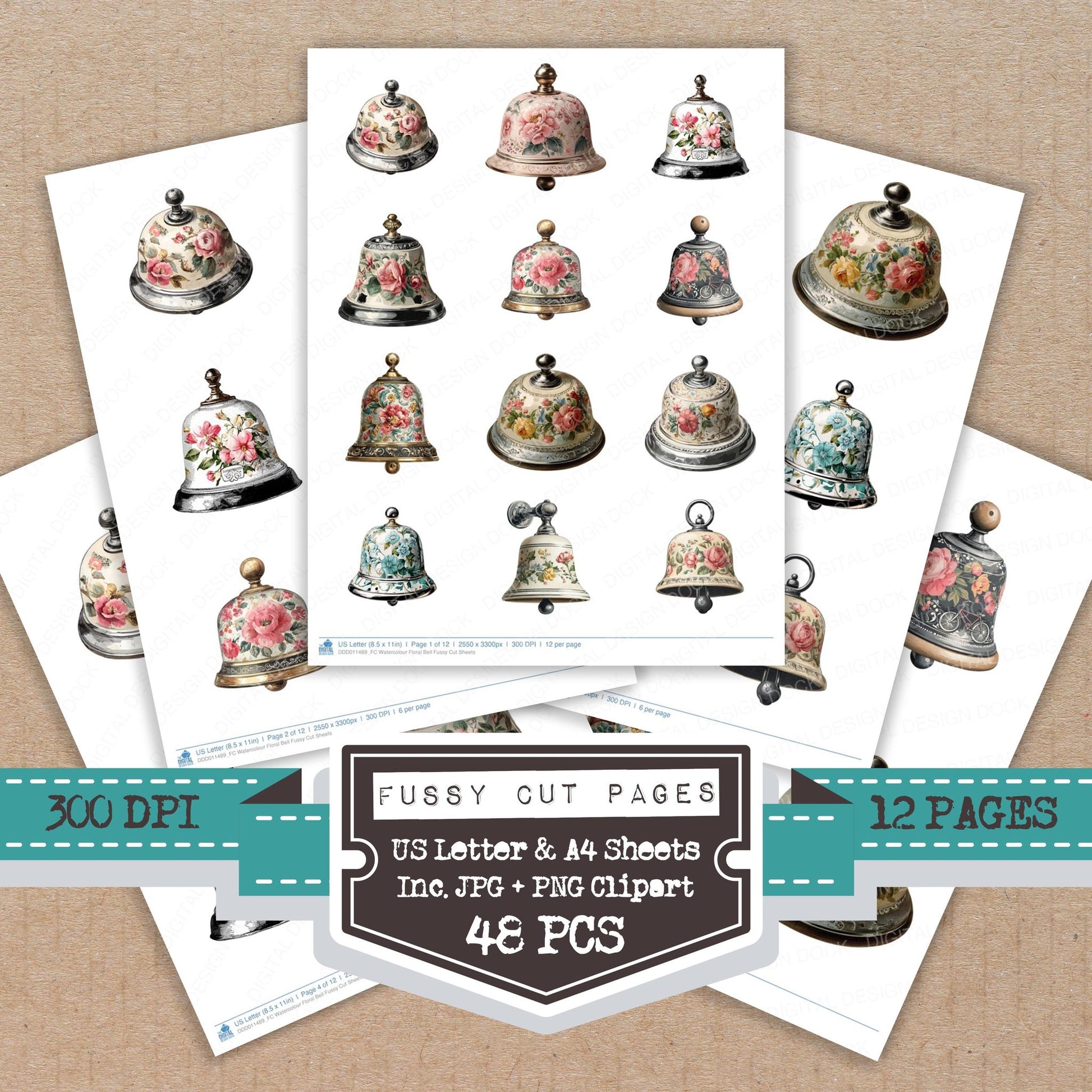 Watercolour Floral Bell fussy cut printable sheets for junk journaling, scrapbooking, and paper craft projects