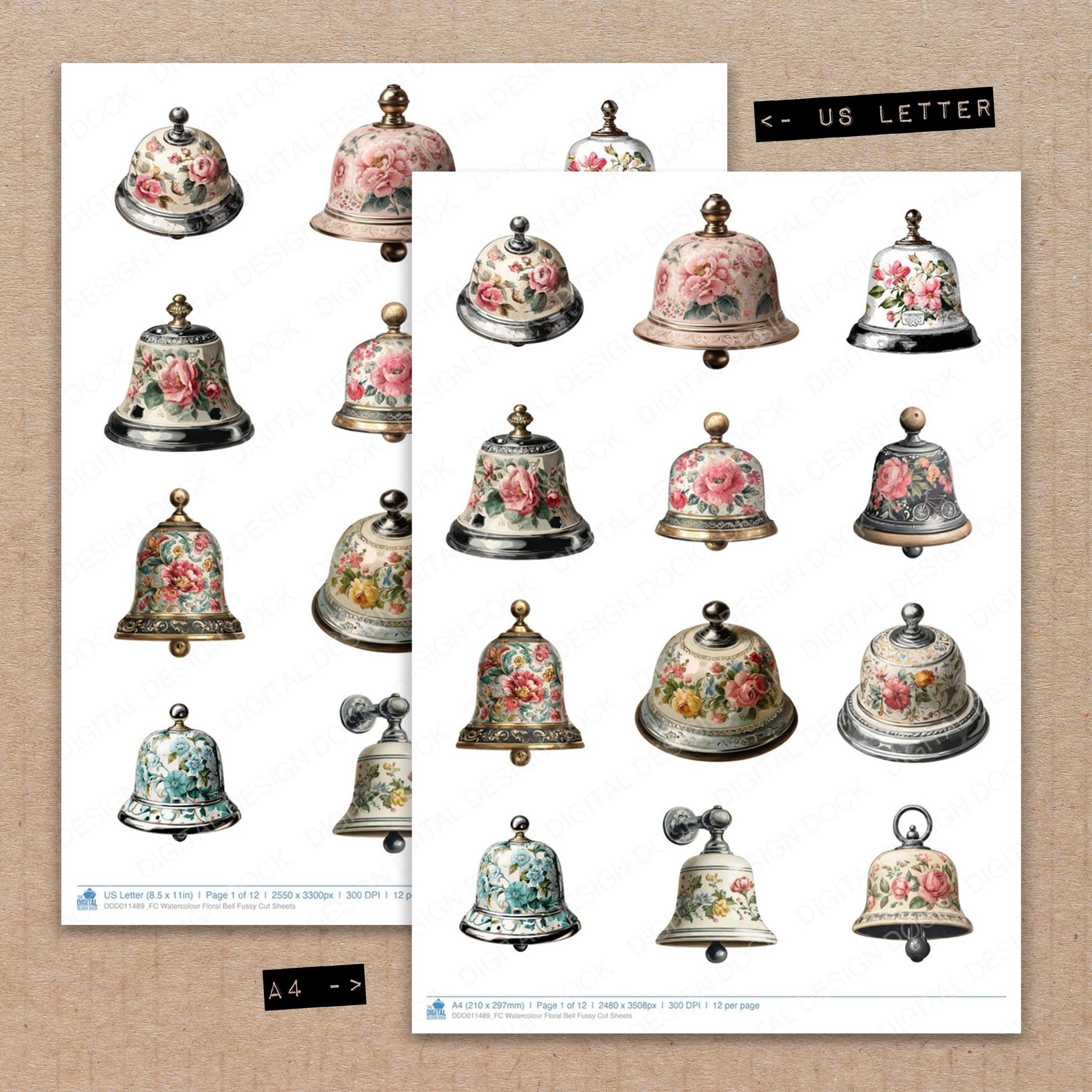 A4 and US Letter format comparison showing Watercolour Floral Bell fussy cut pages for print and cut crafting