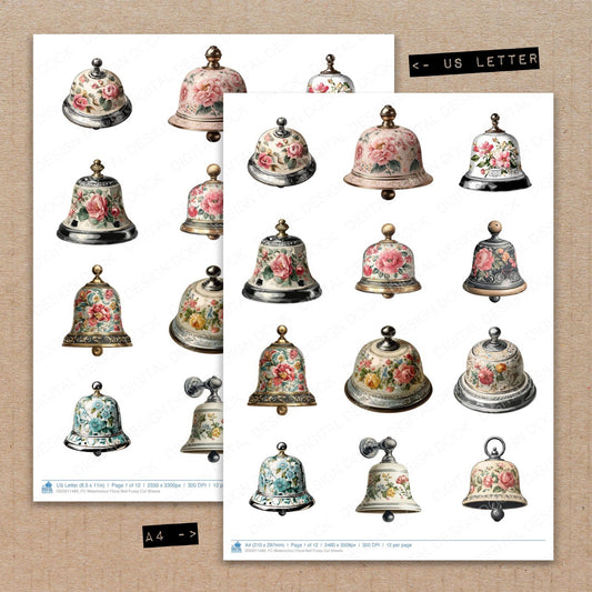 A4 and US Letter format comparison showing Watercolour Floral Bell fussy cut pages for print and cut crafting